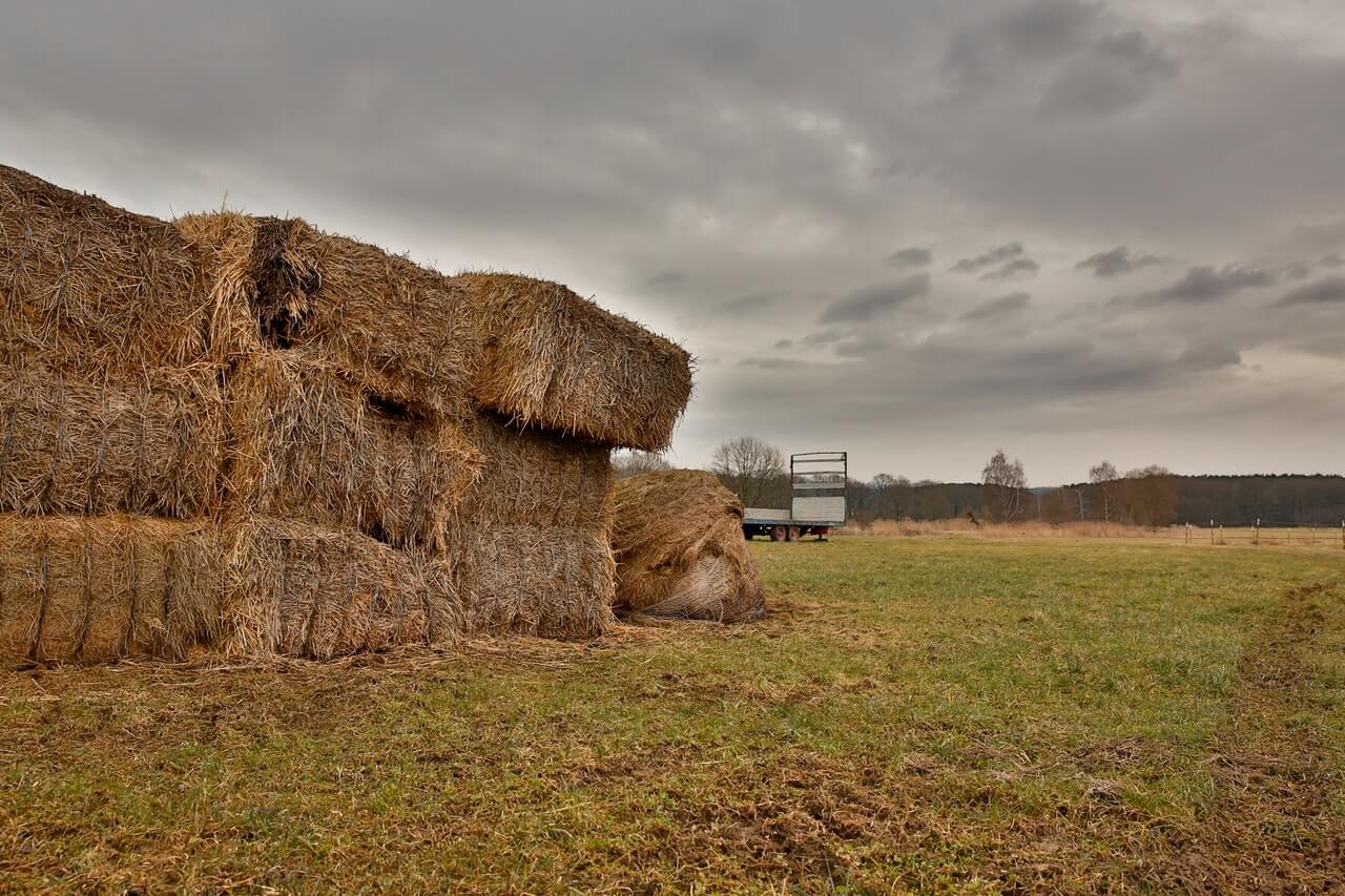 hay bales stacked and falling over